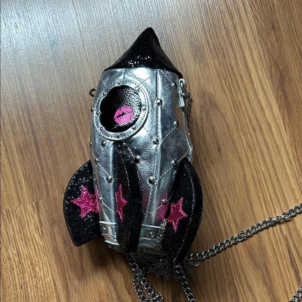 Betsey Johnson Silver and Black Rocket-Shaped Bag with Pink Stars